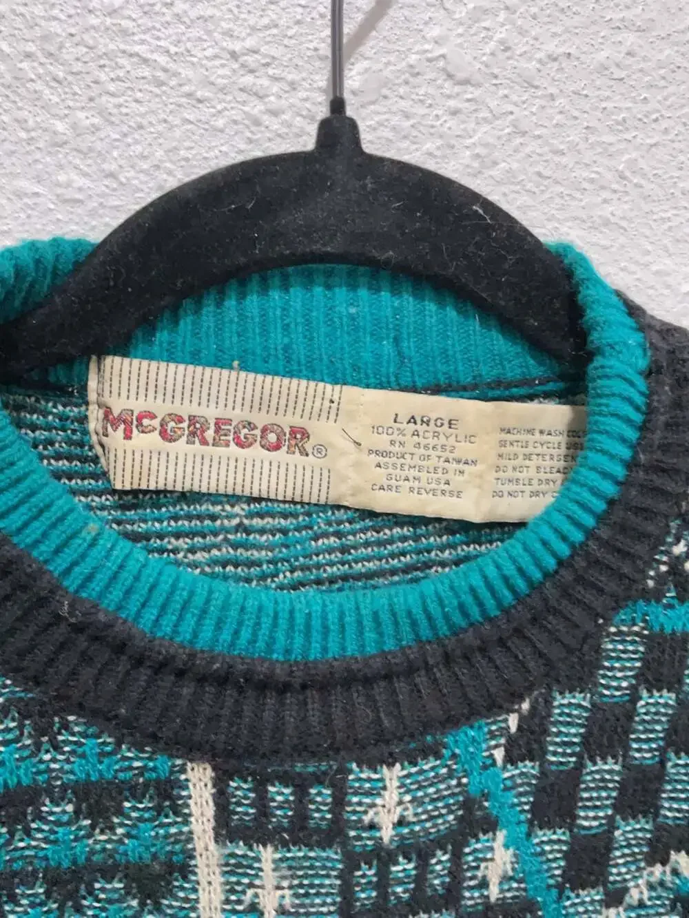 Vintage McGregor Geometric Abstract Knit Sweater Teal Black Size Large